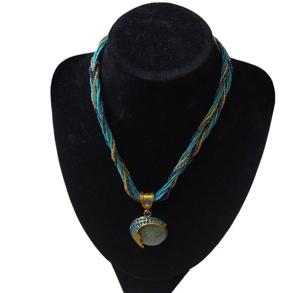Peacock Turquoise Color Beaded 18 Inch Round Stone Statement Necklace J35 - Picture 1 of 5